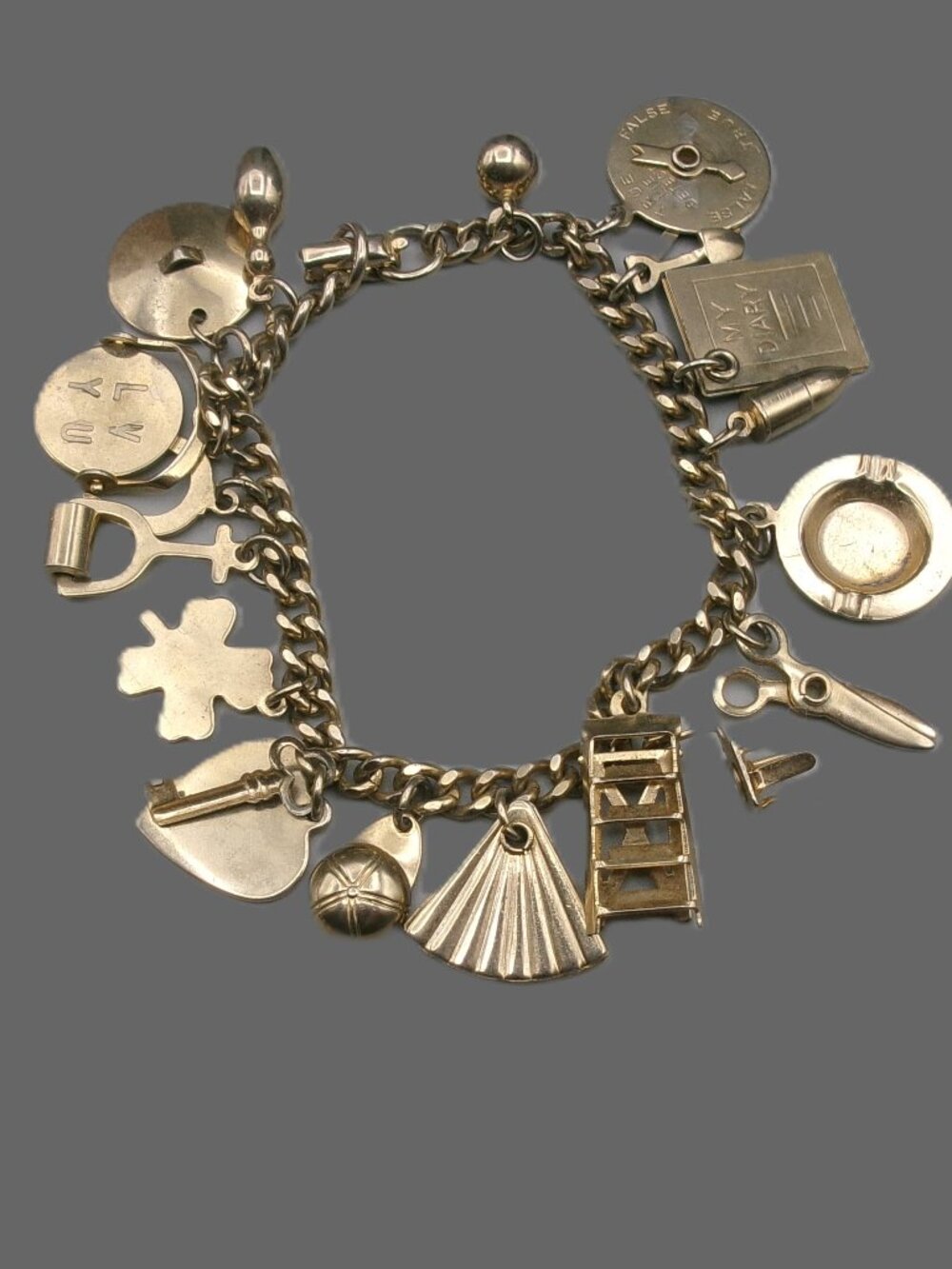 Vintage Coro Gold Charm Bracelet, Diary, Lie Detector, Ladder, etc. Some Movable